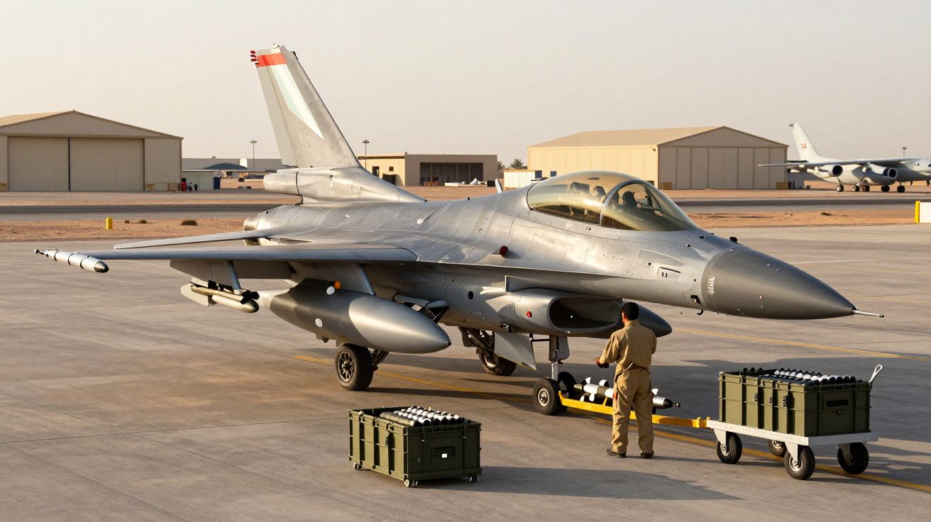 Caça F-16 estacionado em pista militar com um militar e caixas de munições ao lado ao fim da tarde.