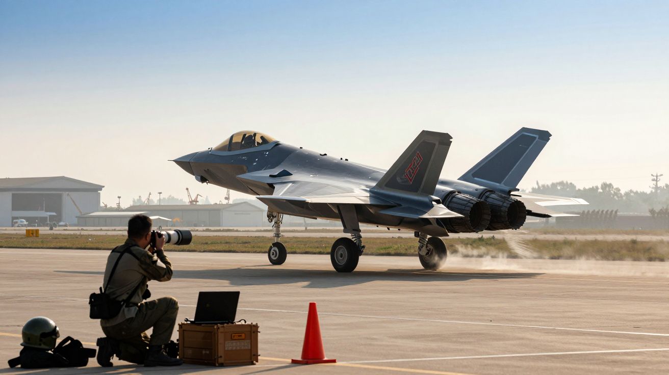 Caça militar cinzento a taxiamento numa pista, com fotógrafo a capturar imagens em primeiro plano.