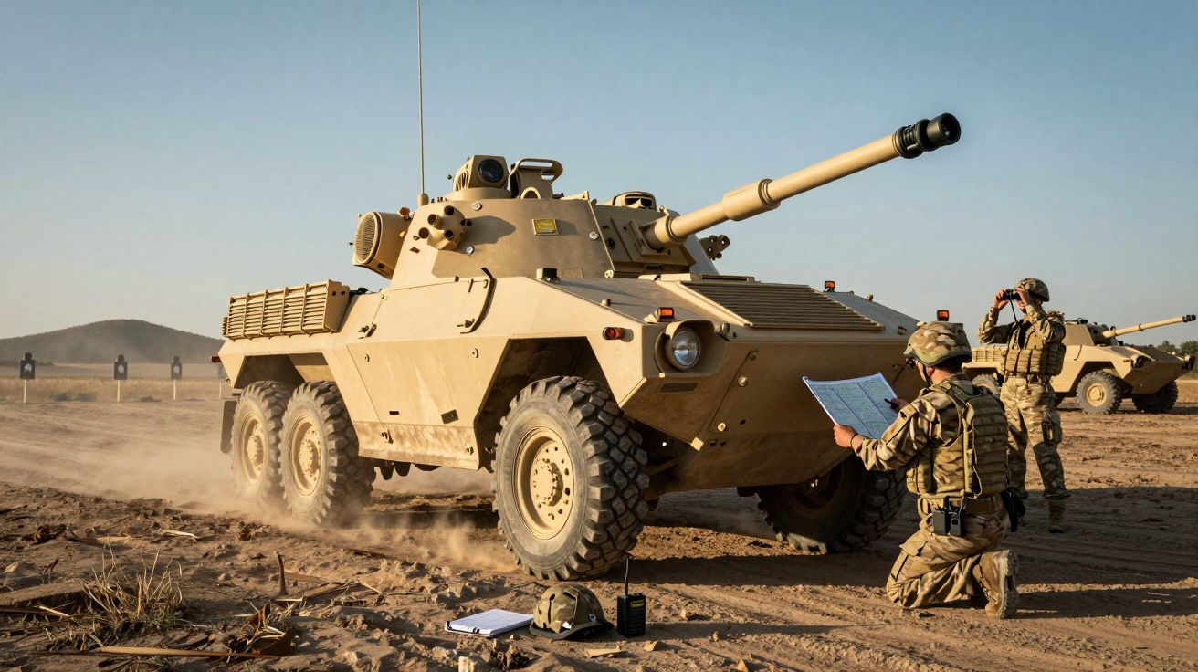 Blindado militar de rodas com soldados e equipamento numa zona desértica sob céu limpo.