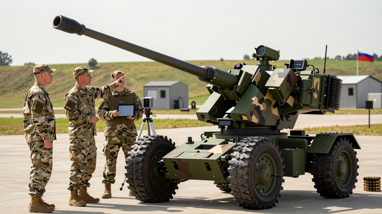 Militares ao lado de veículo blindado com canhão em exercício ao ar livre.