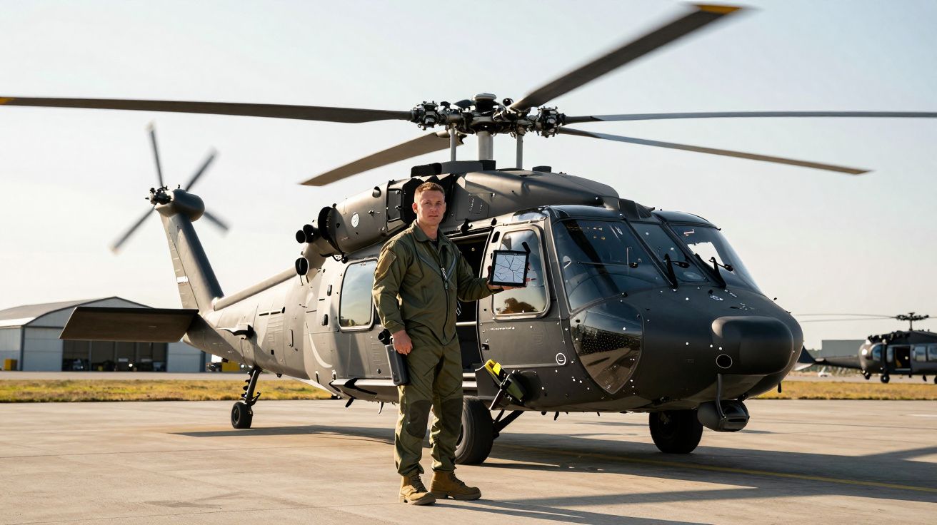 Homem em fato de voo verde está em frente a um helicóptero militar preto numa pista de aeroporto ao pôr do sol.