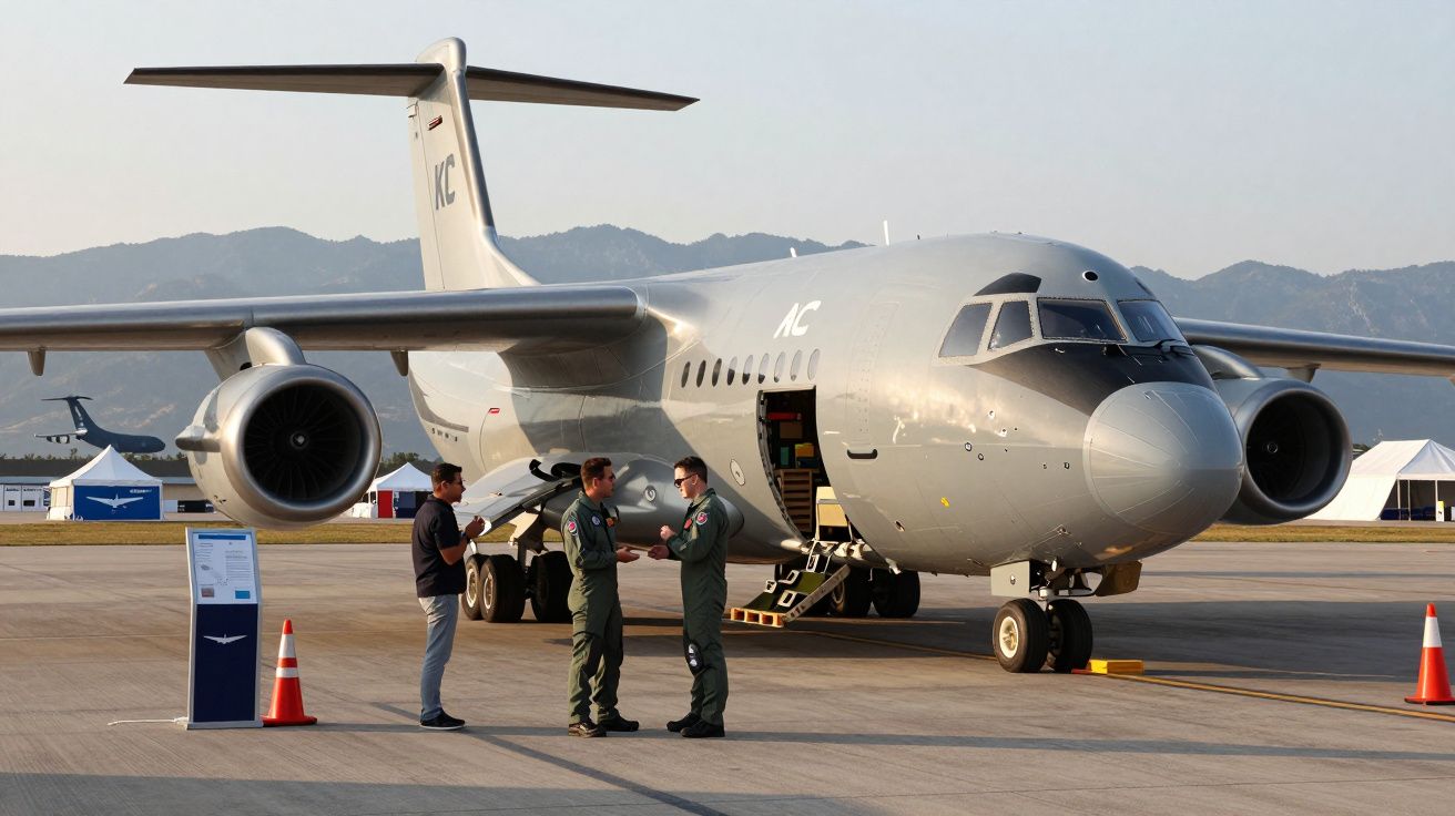 Avião militar estacionado com tripulação a conversar na pista de um aeroporto, montanhas ao fundo.