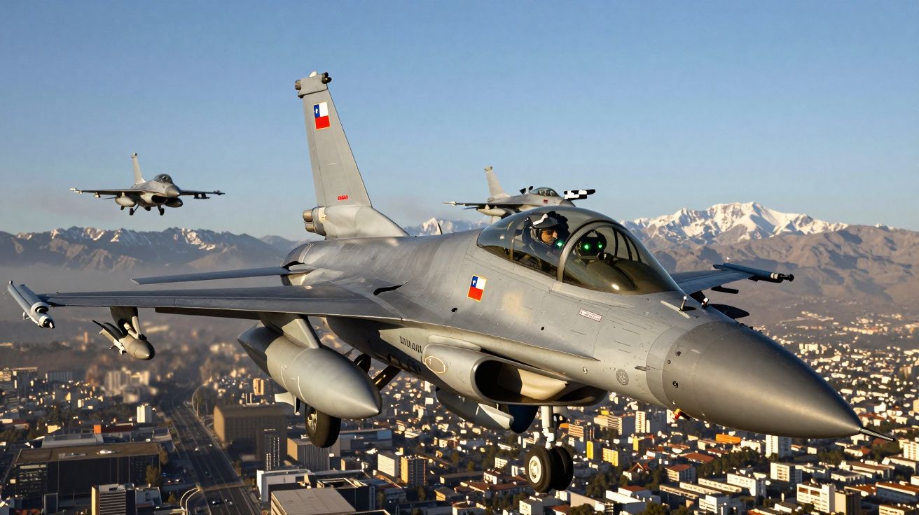 Caça militar chileno em voo sobre cidade com montanhas ao fundo em dia claro.