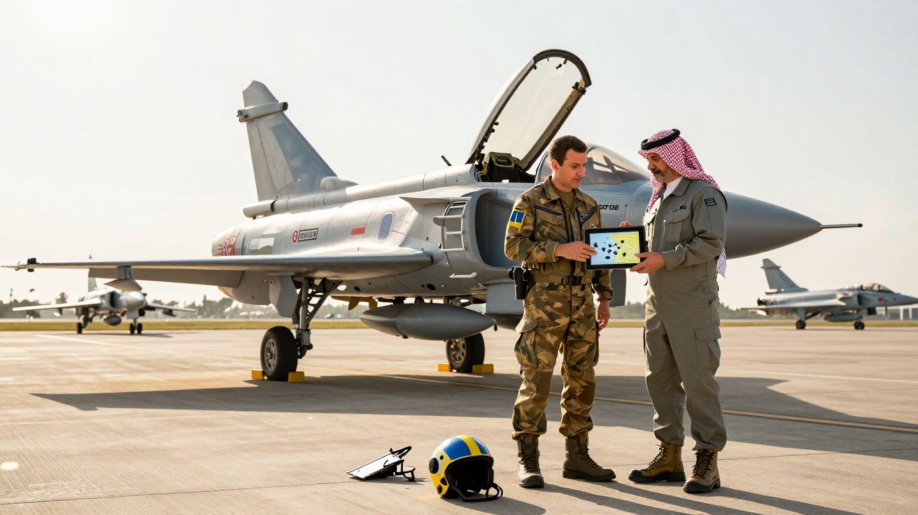 Dois militares junto a um caça estacionado, um deles mostra uma tabela num tablet ao outro.