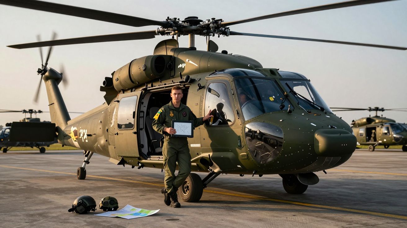 Soldado em uniforme militar ao lado de helicóptero verde estacionado numa pista de aterragem ao pôr do sol.