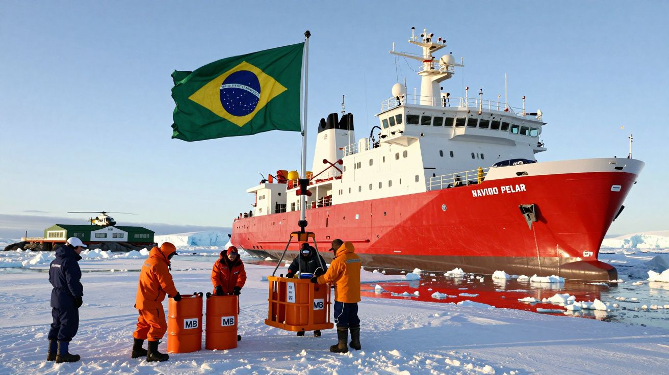 Equipa em roupa térmica junto a barris laranja, bandeira do Brasil e o navio vermelho Navio Pelar em gelo.