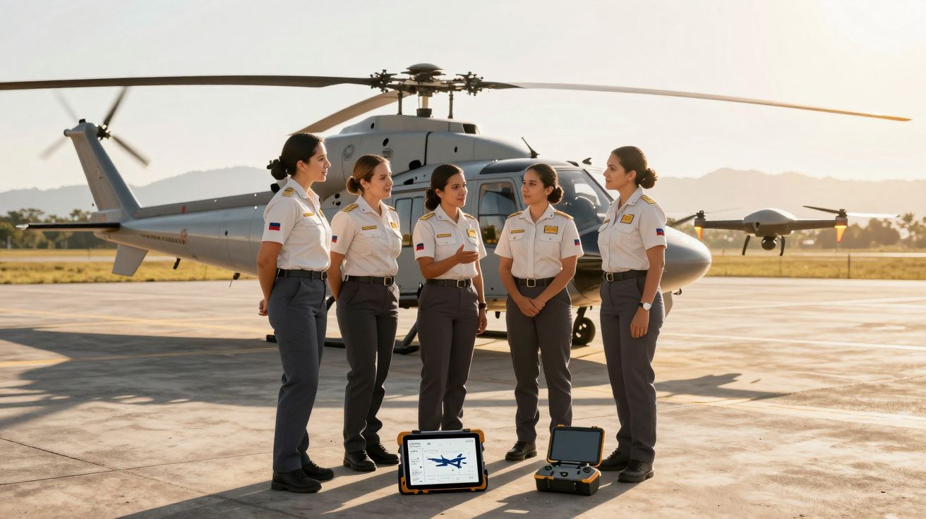 Cinco mulheres em uniforme militar discutem junto a um helicóptero num aeródromo ao pôr do sol.