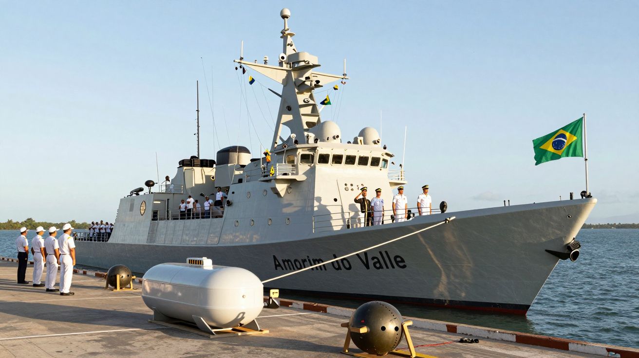 Navio da marinha brasileira Amorim do Valle atracado com tripulação no convés e oficiais no cais.