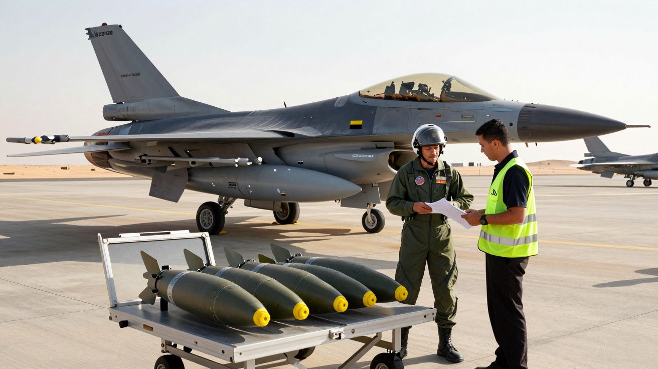 Fuzileiro e técnico junto a avião de combate e bombas no porta-bombas na pista de um aeródromo.