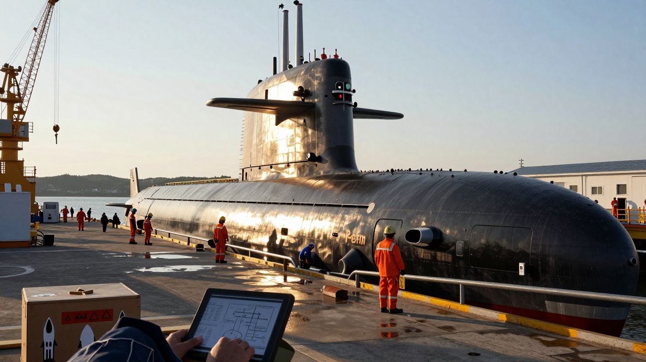 Submarino preto atracado com trabalhadores de colete laranja e equipamento de controlo em cais ao pôr do sol.