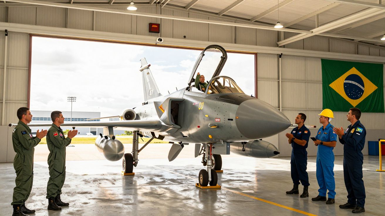 Caça militar num hangar com pilotos e técnicos em uniformes a aplaudir sob bandeira do Brasil.