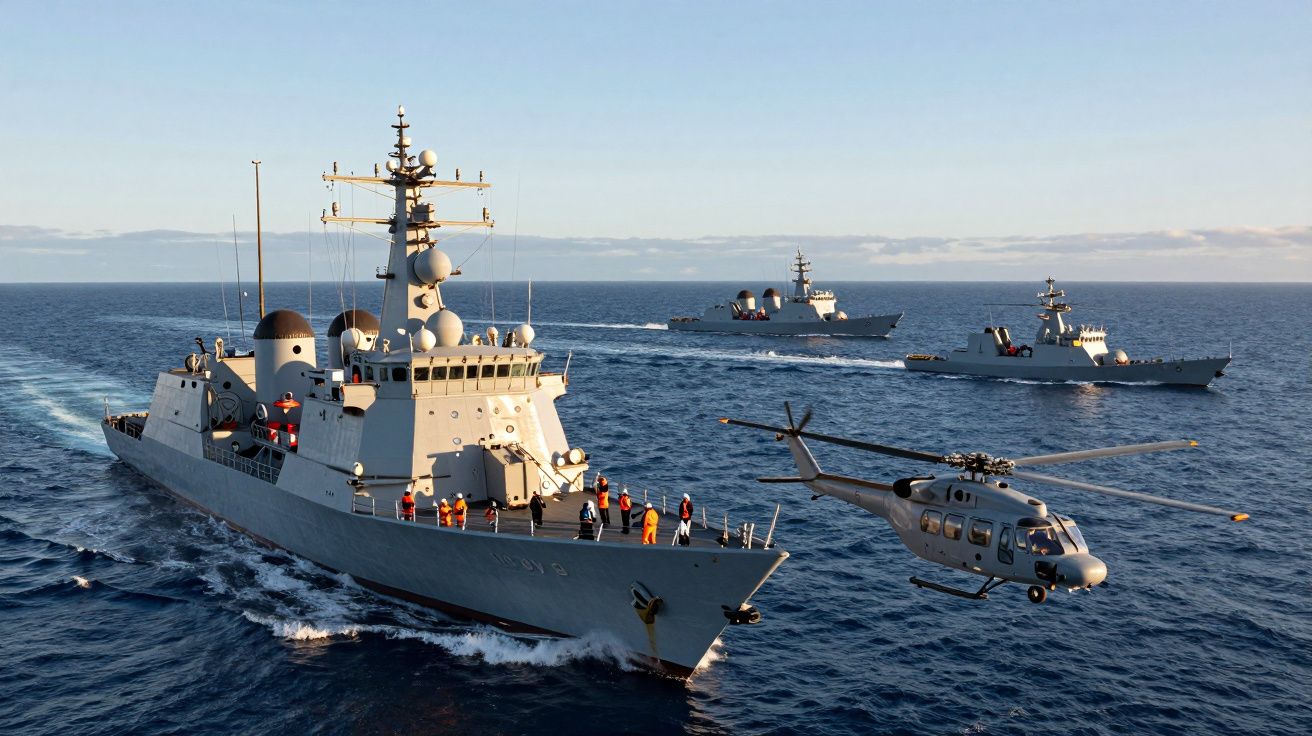 Três navios militares no mar com tripulação a bordo e um helicóptero voando ao lado do navio da frente.