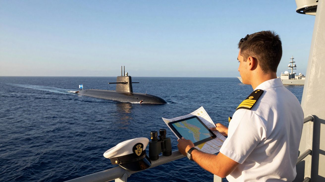 Oficial naval observa um submarino no mar enquanto segura um mapa a bordo de um navio.