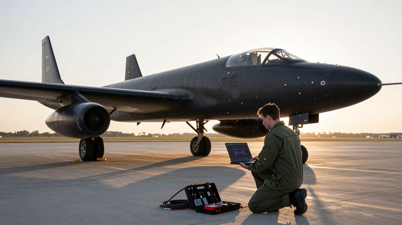 Homem em uniforme verde a analisar dados num portátil junto a um avião militar preto numa pista de aeroporto.