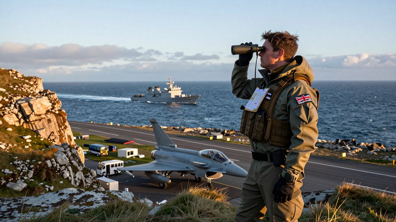 Homem em equipamento militar observa o mar com binóculos, perto de avião de combate e navio na costa rochosa.