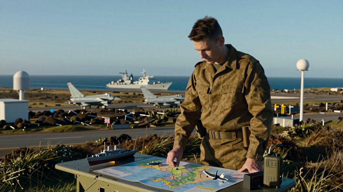 Militar em farda analisa mapa com miniaturas de navios e aviões, com porta-aviões e caças ao fundo junto ao mar.