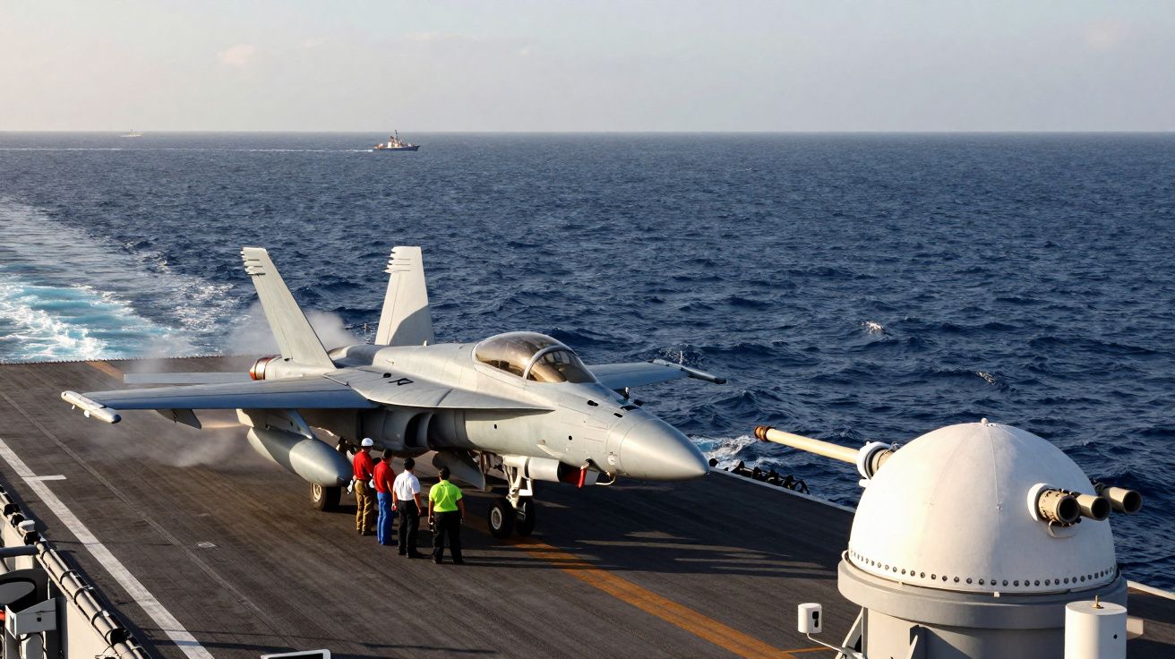 Caça militar estacionado numa porta-aviões com vários tripulantes ao lado e mar ao fundo.