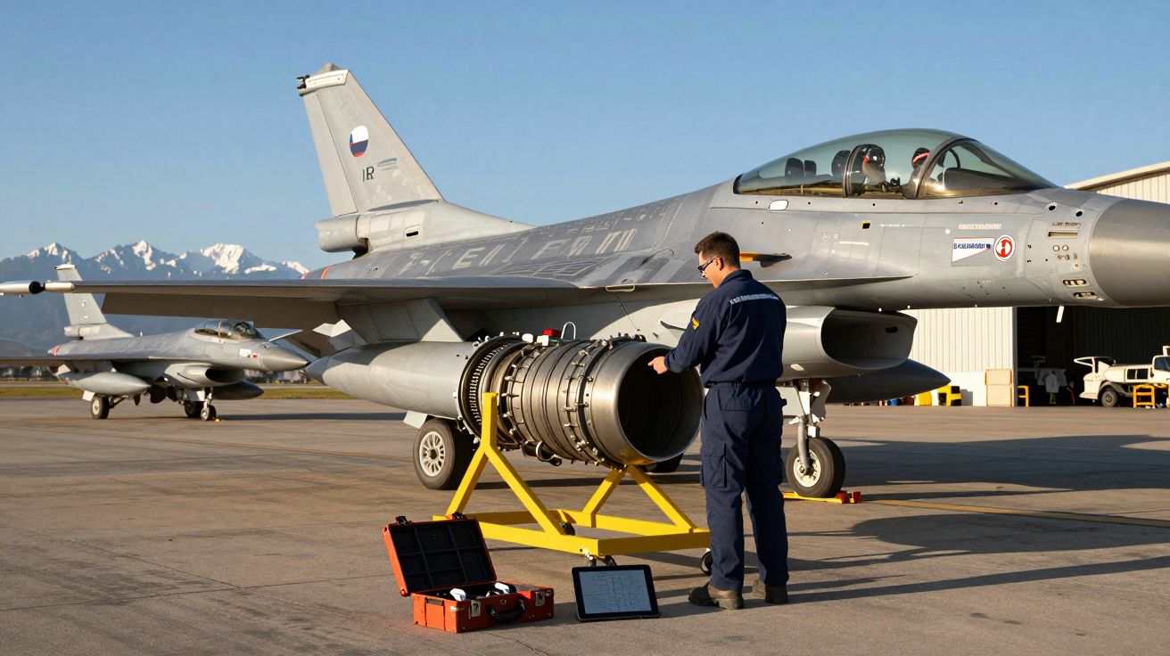 Técnico a inspecionar motor de jato fora de caça F-16 estacionado em pista com montanhas ao fundo.