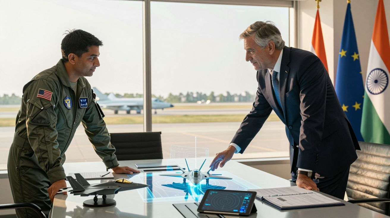 Dois homens em reunião, um vestido com fato militar e outro de fato, analisam modelo virtual de avião na mesa.