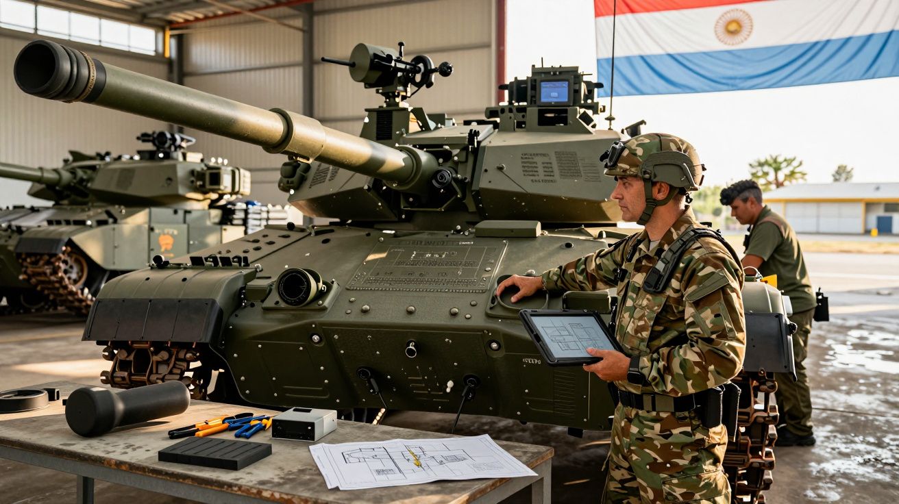 Soldados trabalham na manutenção de um tanque de batalha num armazém militar com a bandeira da Argentina ao fundo.