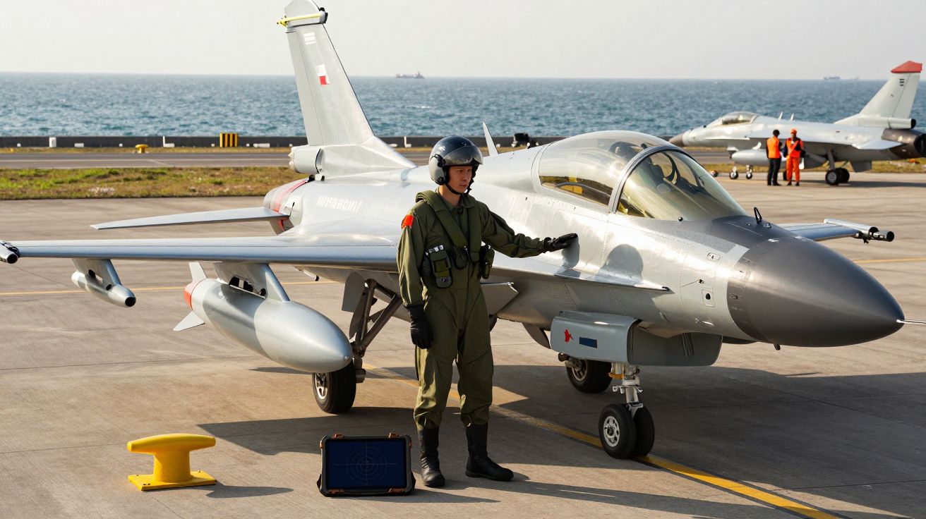 Piloto militar com fato de voo e capacete junto a caça JF-17 na pista com mar ao fundo.