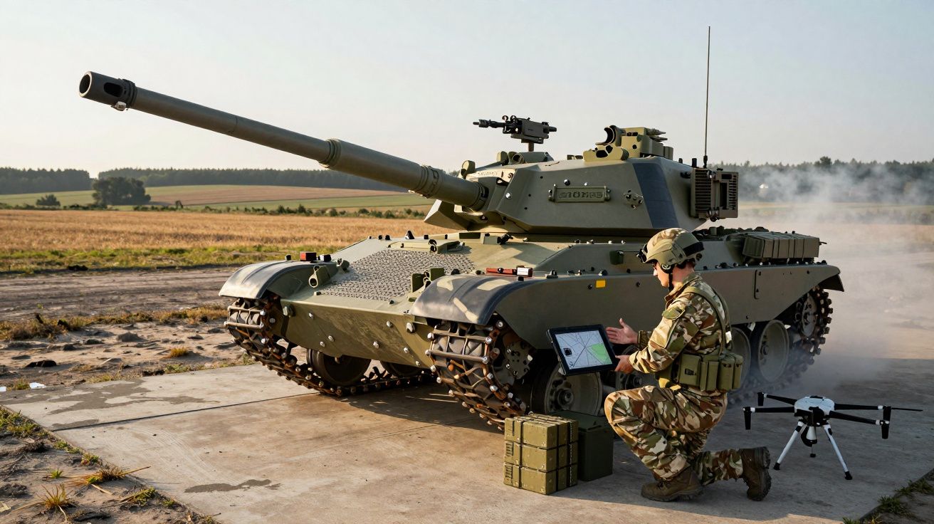 Soldado em uniforme camuflado usa tablet junto a um tanque militar numa zona rural.