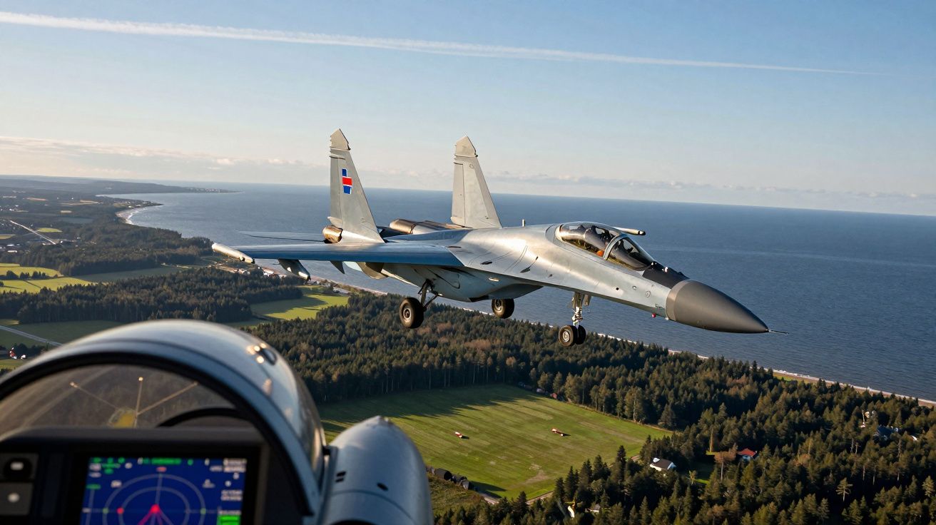 Caça militar Su-27 em voo sobre uma paisagem costeira com floresta e campos verdes ao pôr do sol.