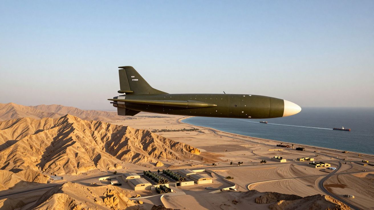 Míssil voando sobre deserto com montanhas e instalações militares perto do mar ao pôr do sol.