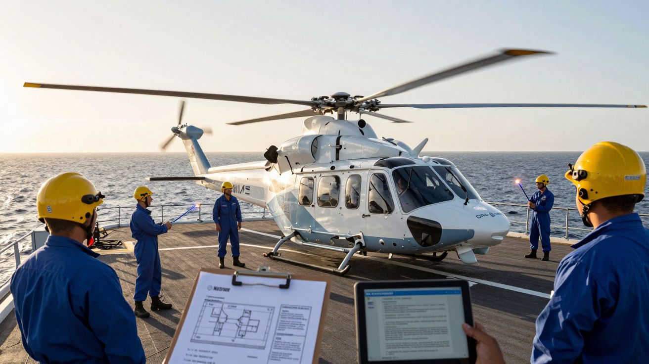 Equipa em fatos azuis e capacetes amarelos prepara helicóptero branco numa embarcação no mar ao pôr do sol.
