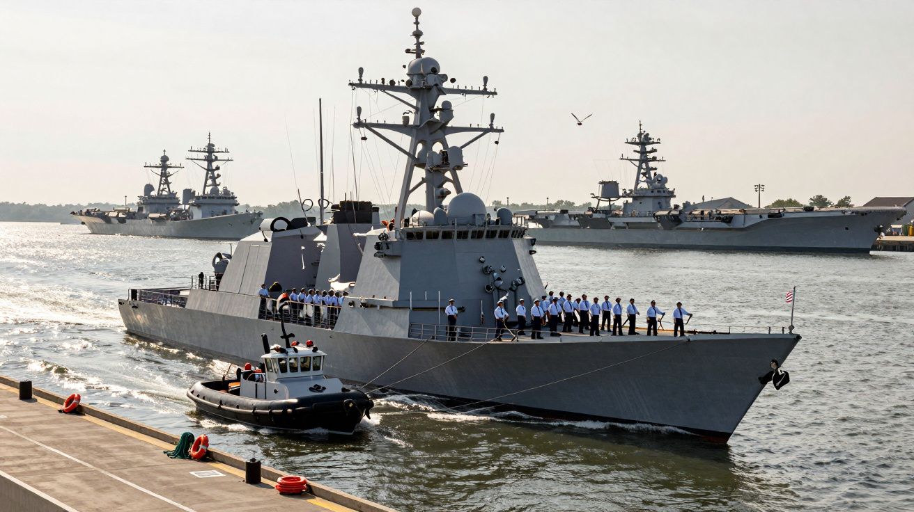 Navio militar cinzento com tripulação em uniforme branco na proa, acompanhado por rebocador no porto com outros navios ao fun