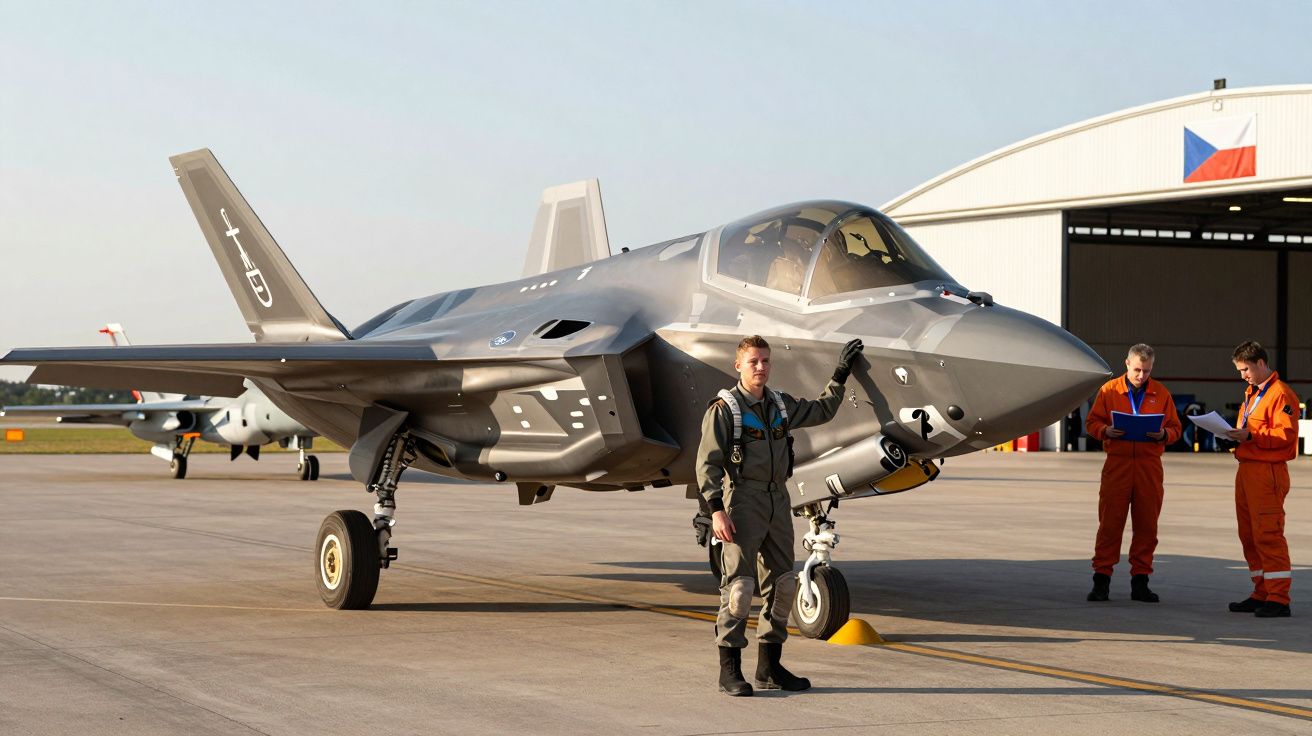 Caça F-35 estacionado numa pista com piloto ao lado e dois técnicos em fato laranja em fundo de hangar.