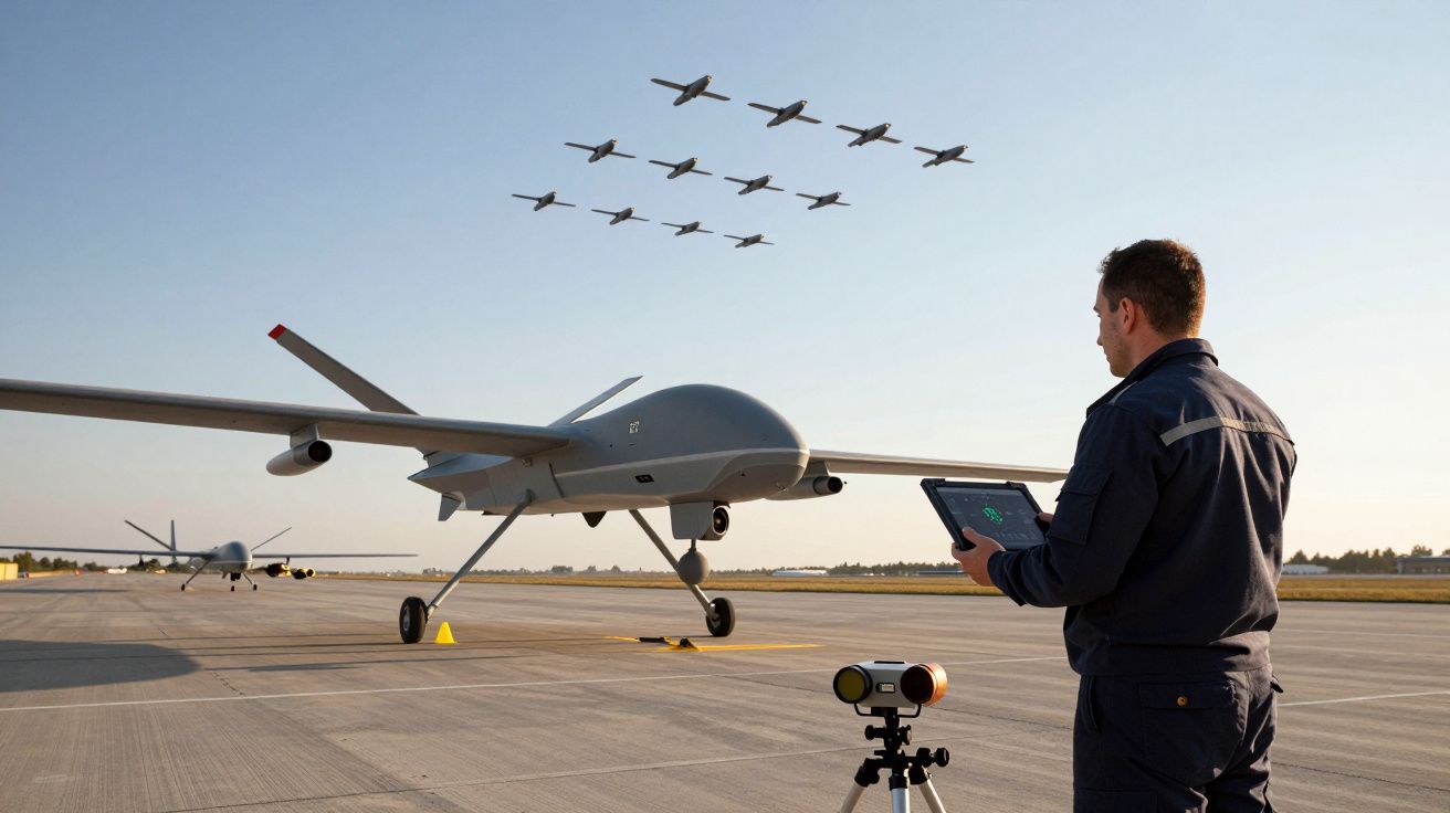 Homem controla drone militar no chão com aviões em formação no céu ao fundo num aeroporto.