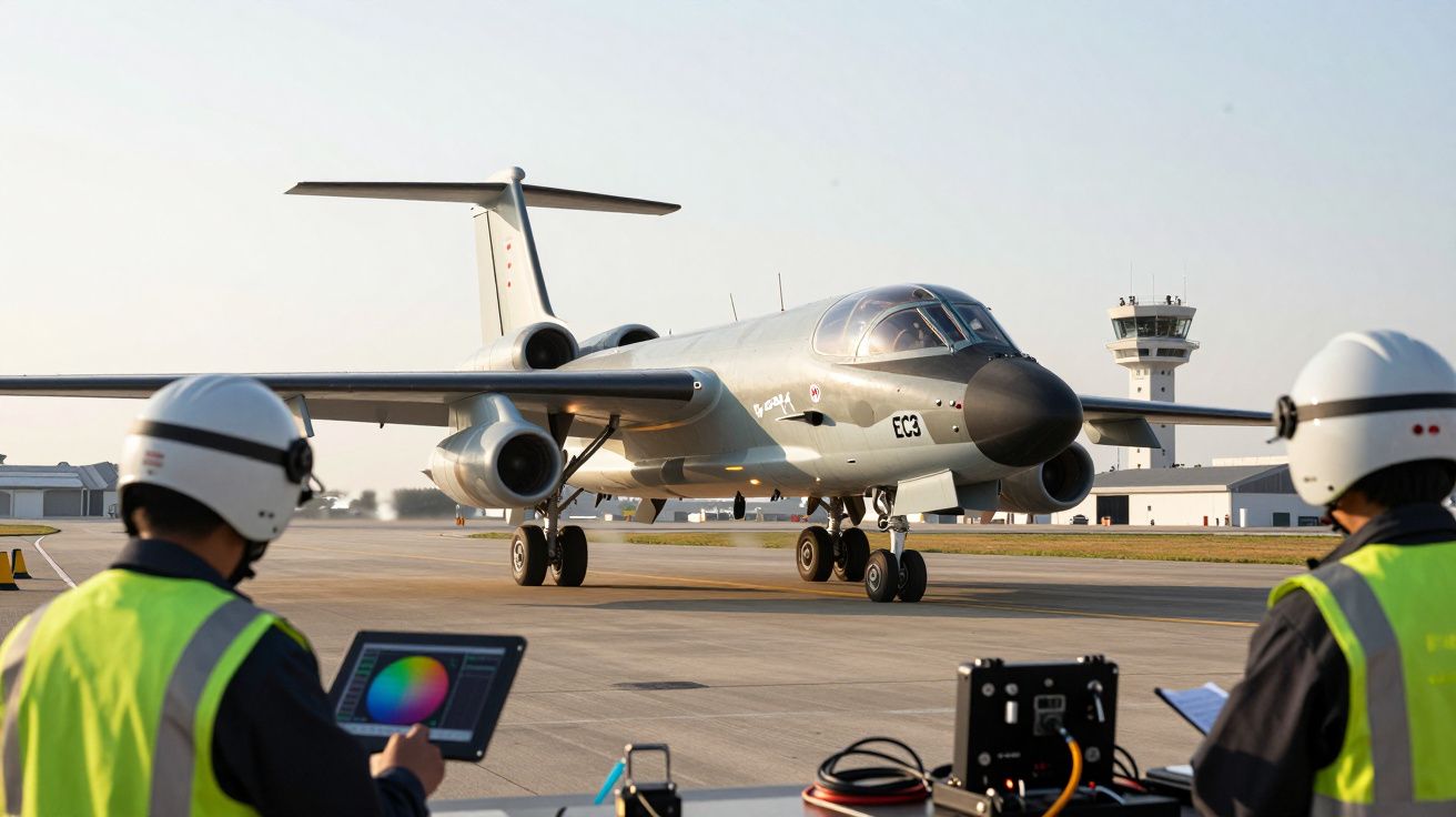 Avião militar cinzento na pista de um aeroporto com dois técnicos de segurança a observar.