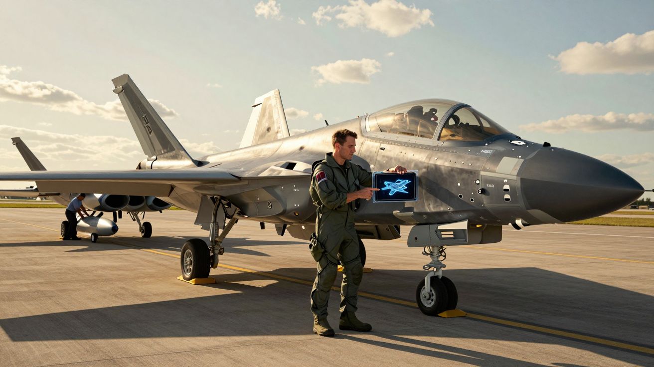 Piloto militar ao lado de jato de combate no aeroporto, mostrando esquema do avião num tablet.