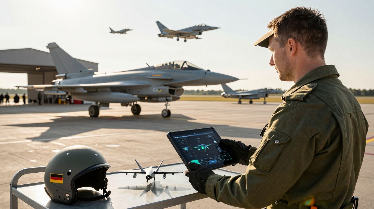 Militar com tablet controla drone numa pista de aviação com jato e capacete alemão em destaque.
