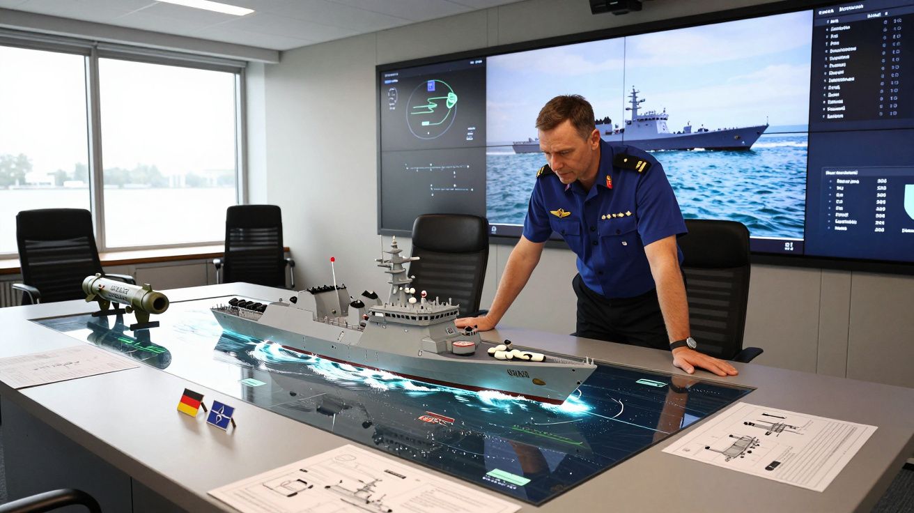 Oficial da marinha a analisar maquete digital de navio de guerra numa sala de operações.