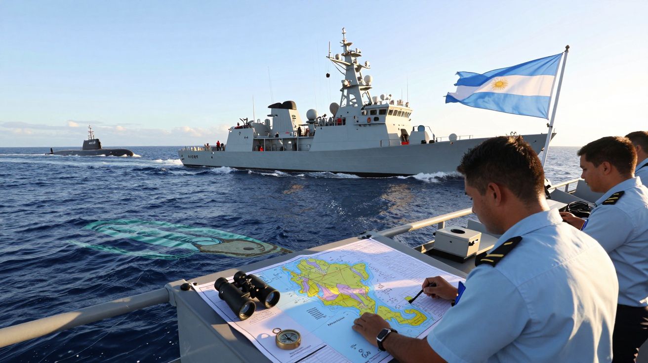 Marinheiros argentinos a consultar mapa naval a bordo com fragata e submarino no mar ao fundo.