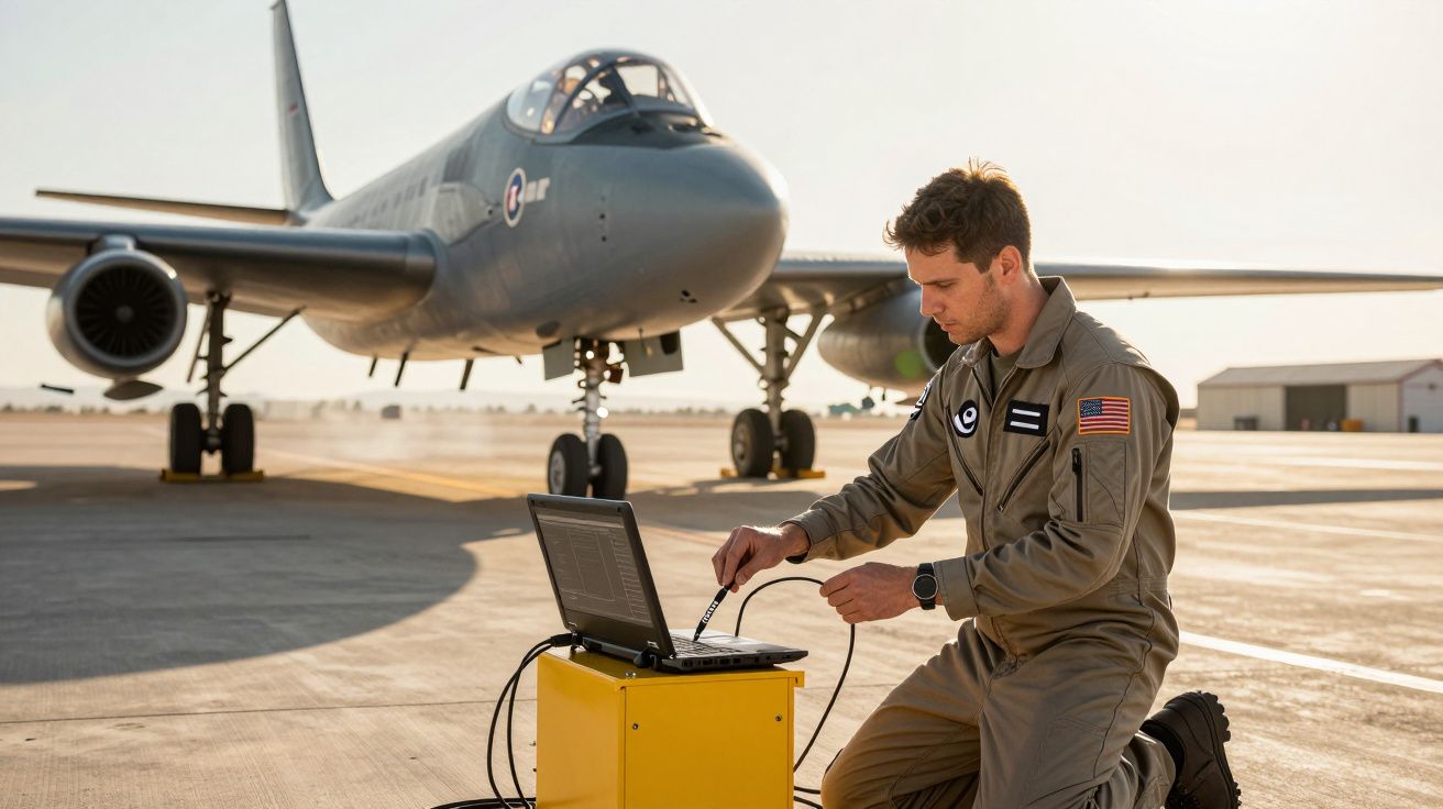 Piloto em fato militar a ajustar equipamentos informáticos junto a avião na pista de um aeroporto militar.