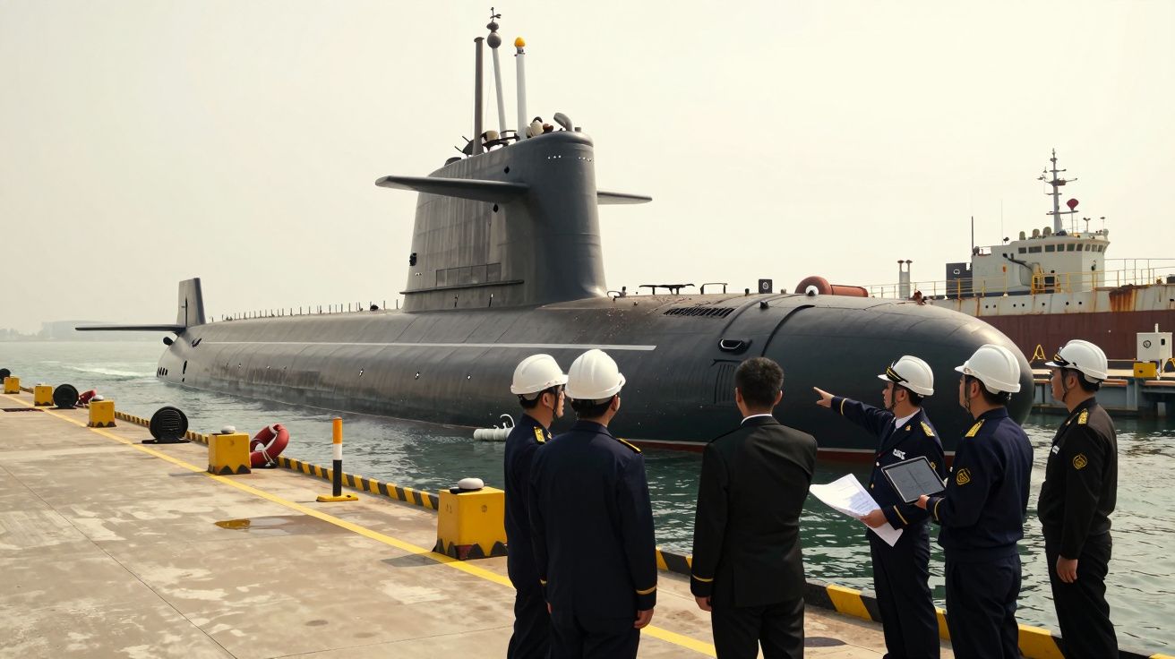 Submarino negro atracado enquanto cinco militares o observam num cais com equipamento e capacetes brancos.