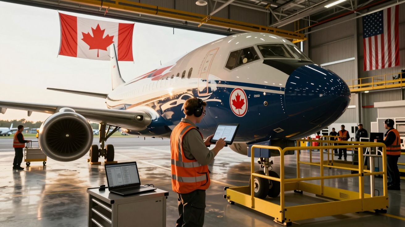 Técnicos com coletes laranja verificam um avião com símbolos do Canadá num hangar de aeroporto.