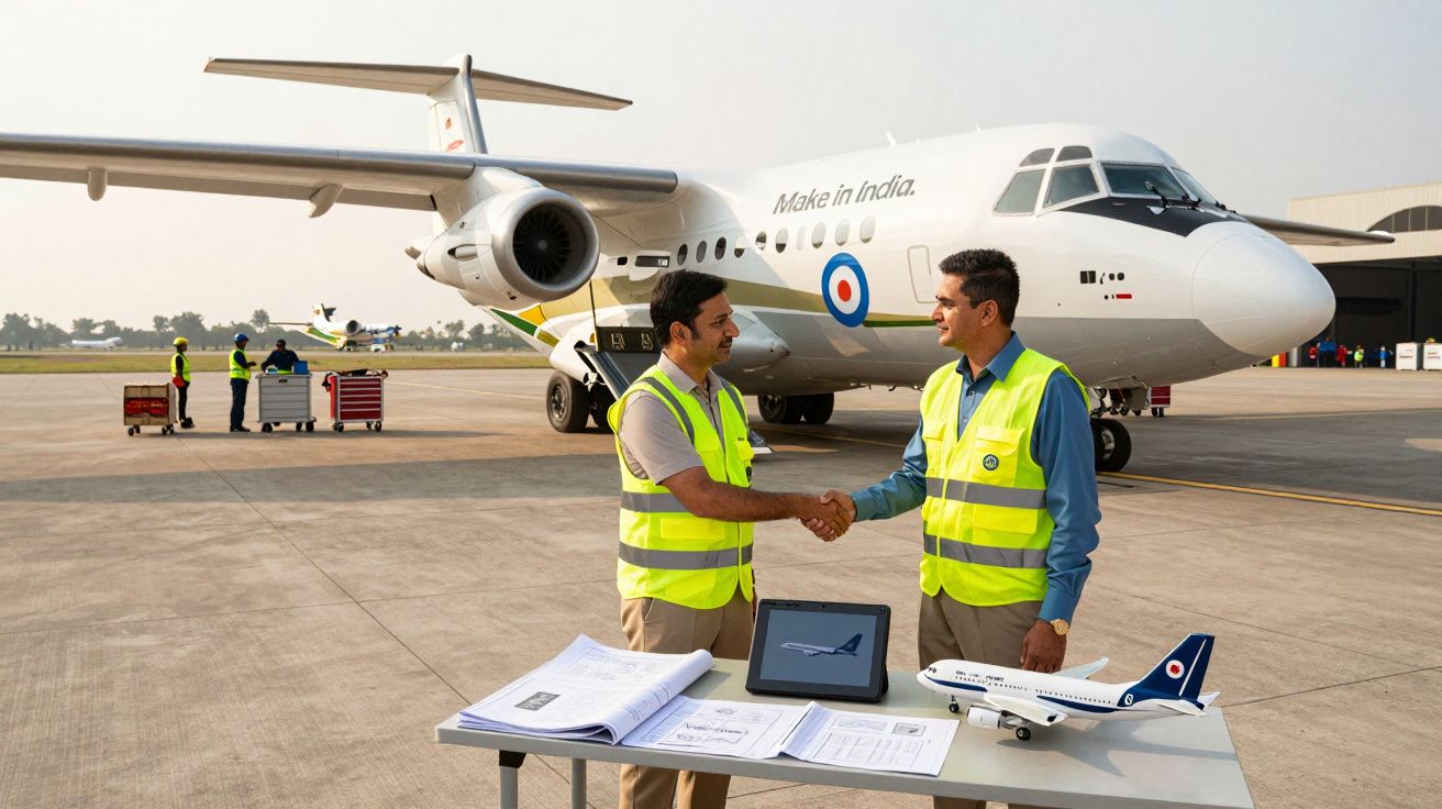 Dois homens com coletes amarelos apertam as mãos junto a uma mesa com maquete de avião e documentos, com um avião ao fundo.