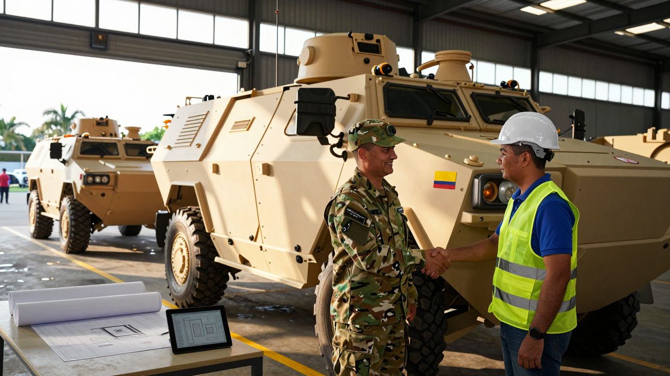 Dois homens, um militar e outro de capacete e colete, apertam as mãos junto a veículos militares blindados numa garagem.
