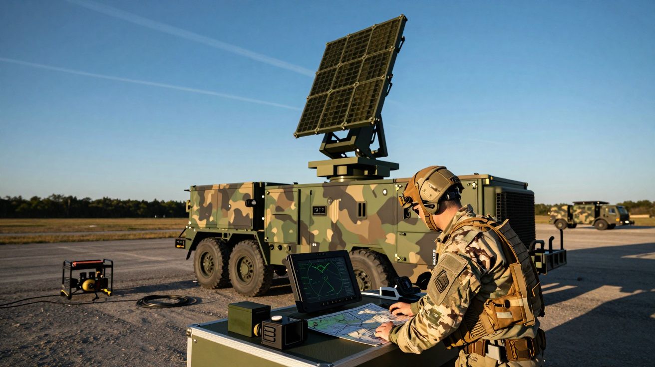 Soldado em uniforme camuflado opera equipamento militar com radar montado em camião camuflado ao ar livre.