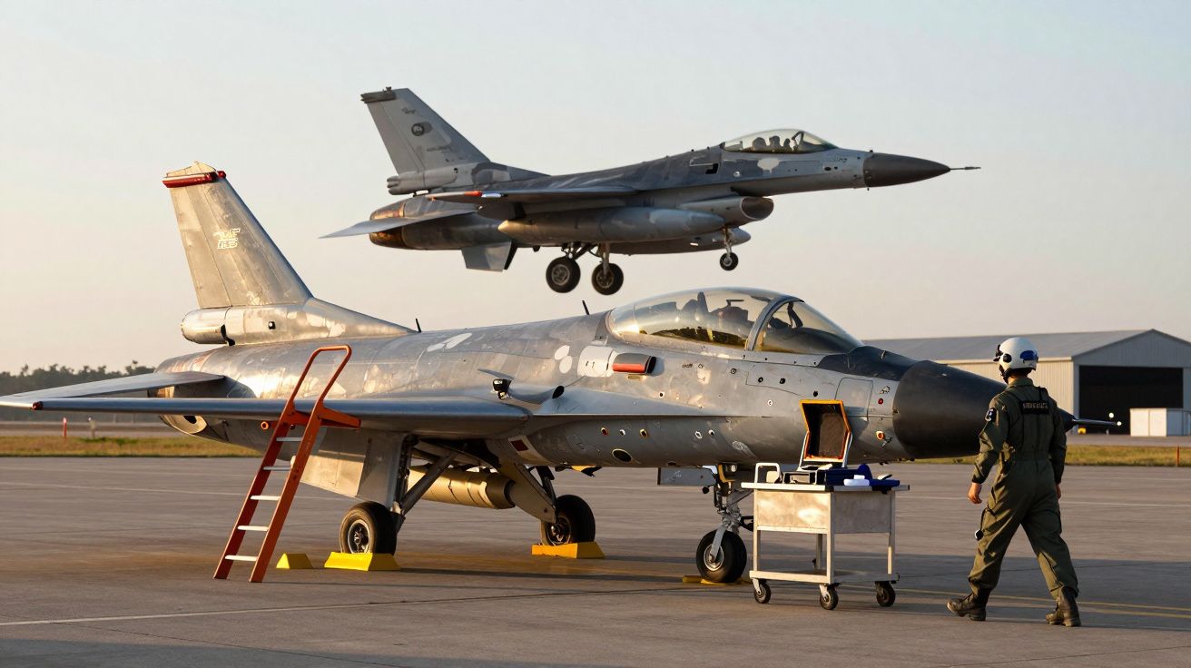 Caça F-16 em manutenção no solo com outro F-16 prestes a aterrar numa base aérea ao pôr do sol.