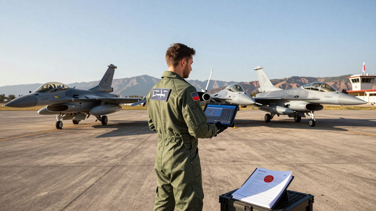 Militar com fato de voo a usar computador portátil junto a três jatos de combate estacionados numa pista.