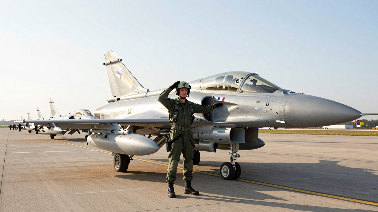 Piloto em uniforme militar saudando em frente a jato de combate estacionado numa pista de aeroporto.