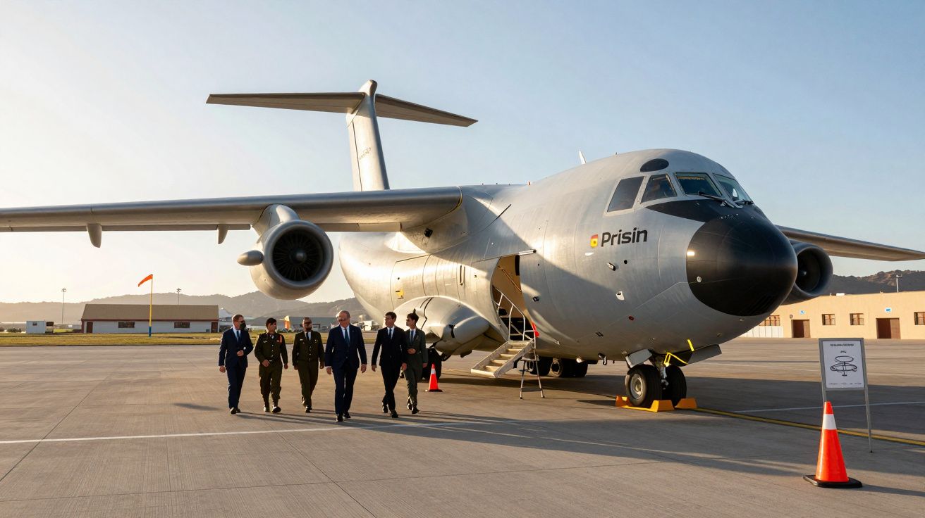 Avião militar estacionado com grupo de pessoas a caminhar na pista sob céu limpo ao entardecer.