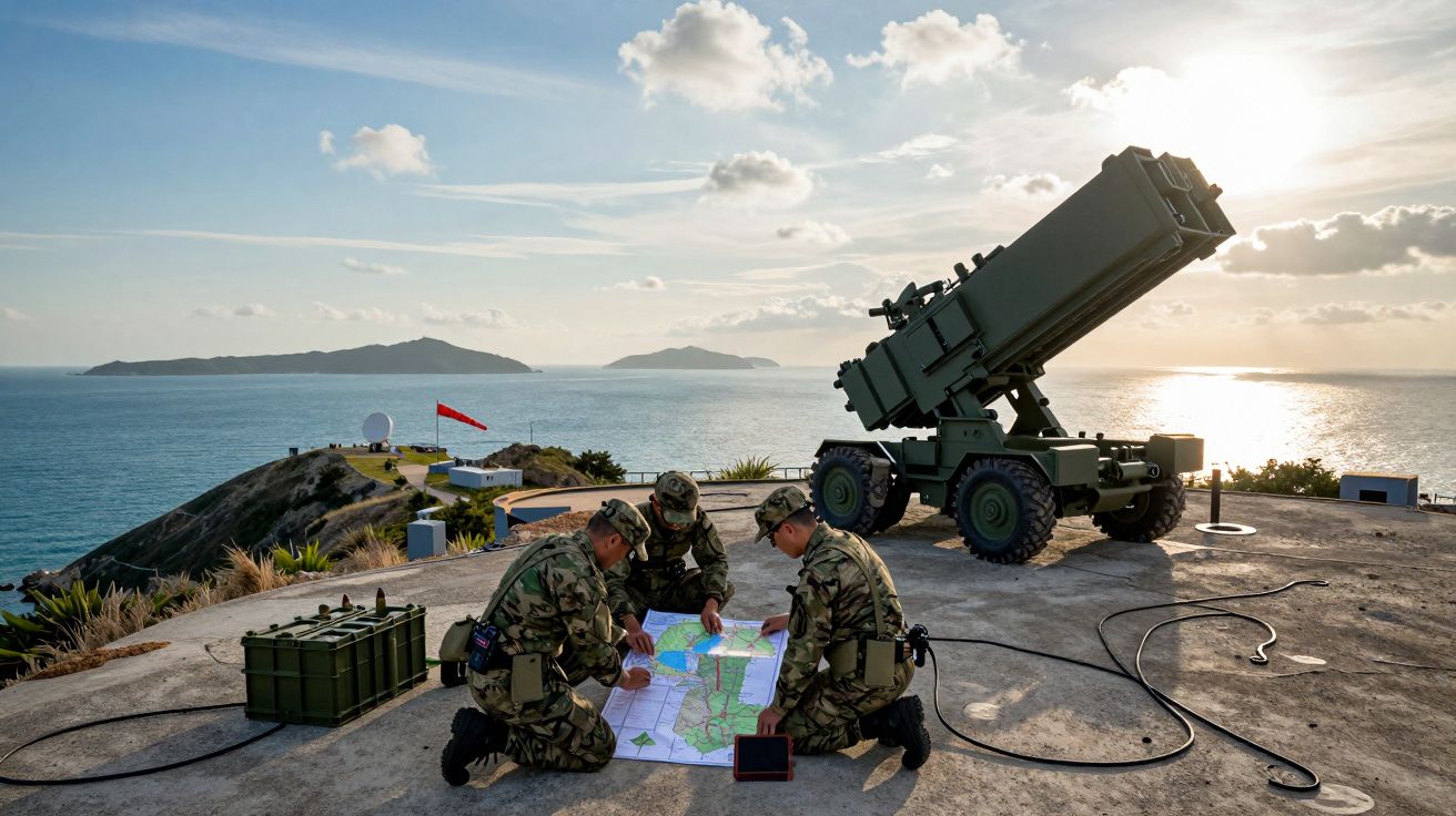 Três soldados em uniformes camuflados estudam um mapa no chão junto a equipamento militar perto do mar ao pôr do sol.