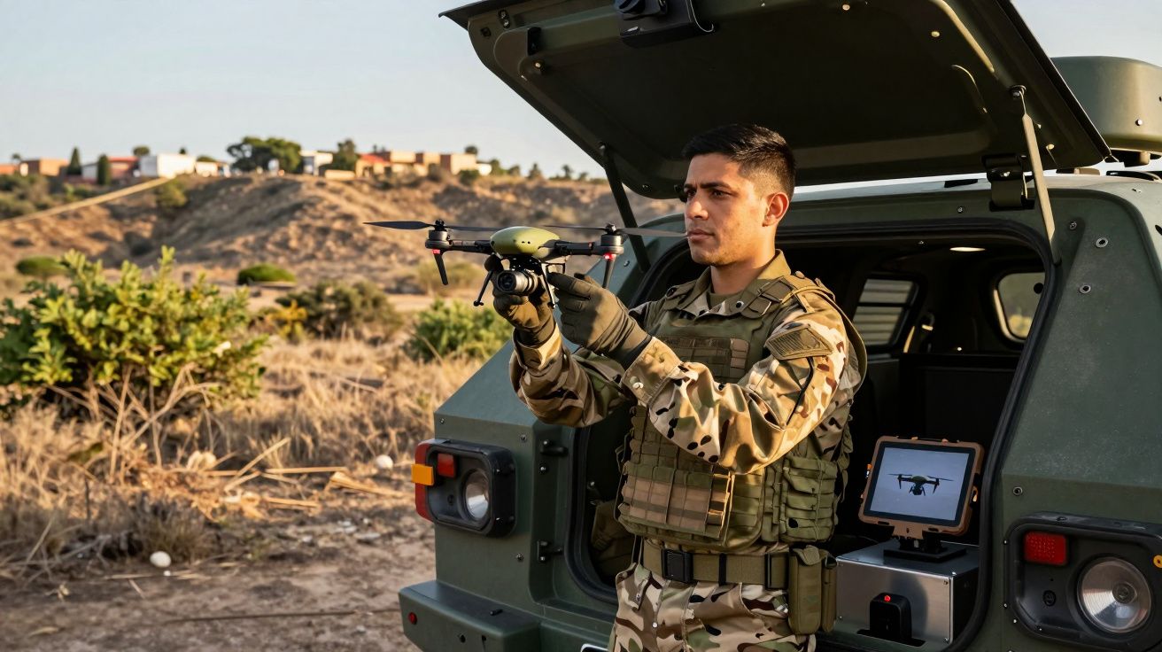 Soldado com uniforme camuflado prepara drone ao lado de veículo militar aberto num terreno árido.