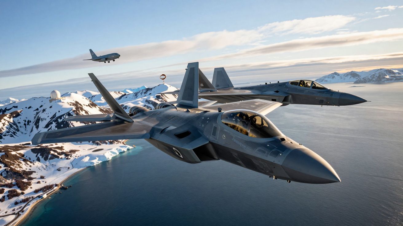 Dois caças militares a sobrevoar uma costa com montanhas e neve ao pôr do sol.